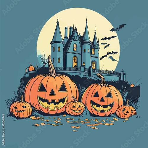 Pumpkins and a spooky castle on Halloween night with bats flying in the moonlight