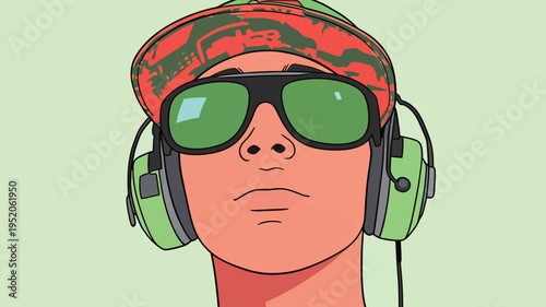Young person listens to music with large headphones while wearing sunglasses and a cap with a bright design, expressing focus on tunes