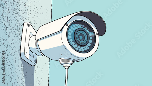 Security camera mounted on wall watching over public area during daytime