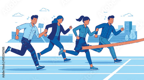 Four businesspeople running together in a team crossing finish line on a track with cityscape background