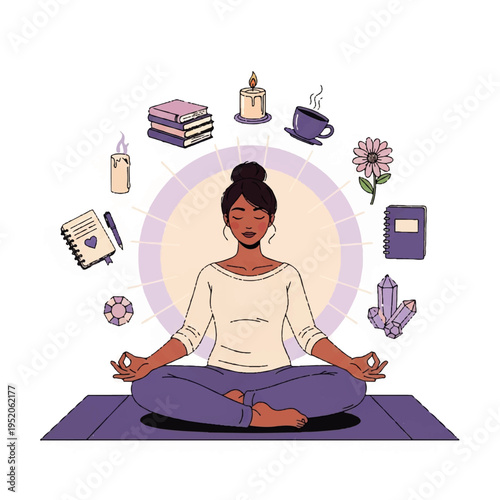Empowering Mindfulness Practice Serene Woman Meditating for Holistic Self-Care, Personal Growth, and Inner Peace with Wellness Essentials