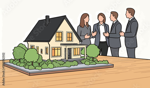 Real estate agents discussing a model home while standing around a table in an office setting during daytime hours