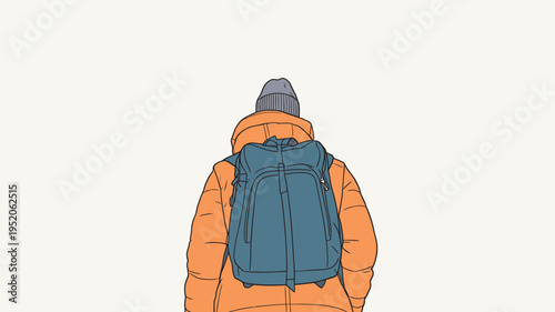 Person wearing an orange jacket and grey hat with a backpack on back, standing against a plain background in a simple setting