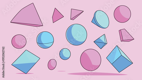 Colorful shapes in different sizes and forms float on a pink background in a playful arrangement during daytime