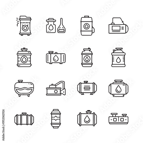 Fuel Tank Icons Set: Various Containers for Liquids Gas Oil and StorageLine Art