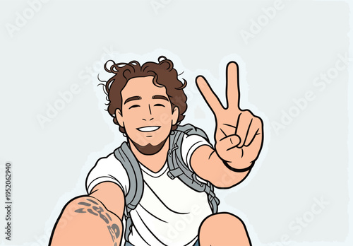 Young man holds a camera while showing peace sign during outdoor activity in bright environment