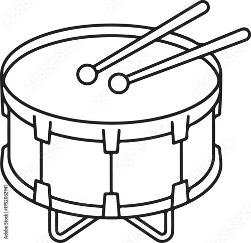 Drum and drumsticks outline illustration, snare drum percussion musical instrument line art, minimalist music equipment sketch for coloring or design