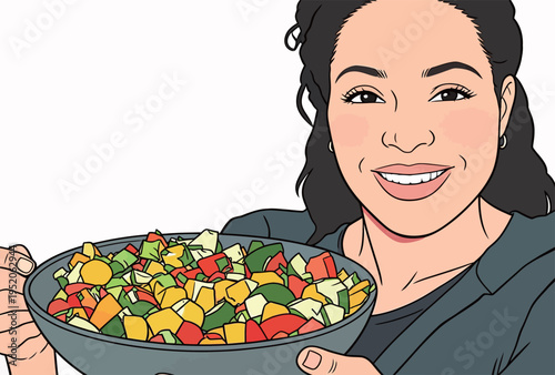 Woman holds a large bowl of colorful chopped vegetables in a bright setting during the daytime while smiling at the viewer