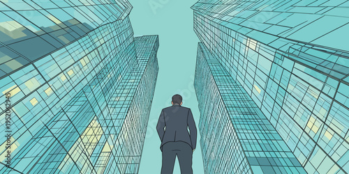 Businessman stands looking up at tall glass buildings in a city during daylight hours with a clear blue sky above