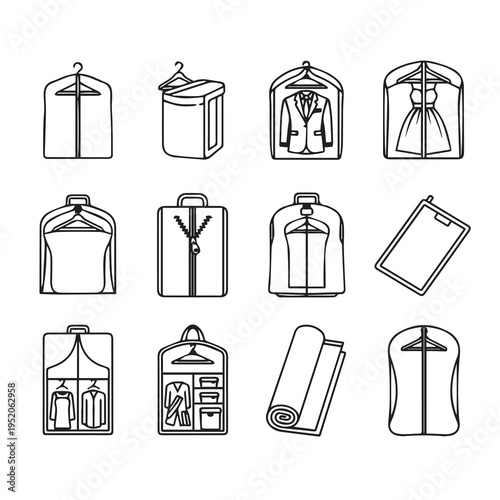 Garment Bags and Suit Carriers Collection Apparel Storage and Travel Solutions Vector Icons