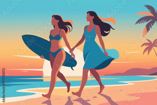 Illustration Of Two Women Walking On The Beach, One Of The Women Is Carrying A Surfboard Vector Design Template