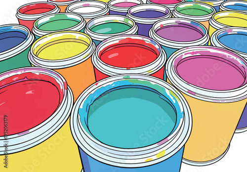 Various cans of paint in bright colors arranged in a group on a surface for a creative project or art activity