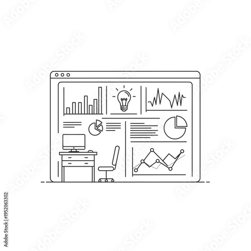 A minimalist line drawing of a computer desk with a monitor displaying various charts and graphs, symbolizing data analysis and business intelligence.