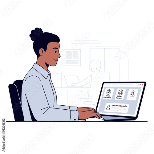 A person with dark curly hair tied in a bun, wearing a light blue collared shirt, sits at a desk and types on a laptop with a mouse.