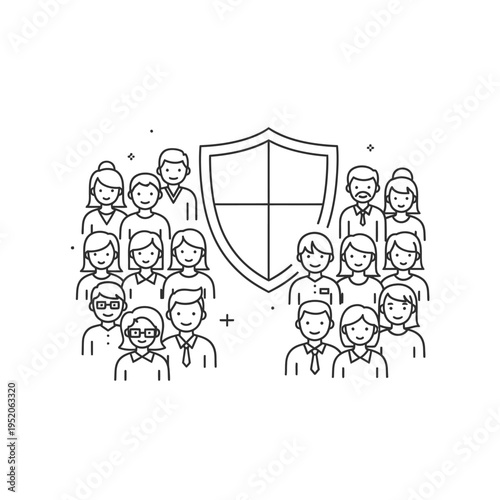 Illustration of a diverse group of people standing protectively in front of a large shield, symbolizing security and community.