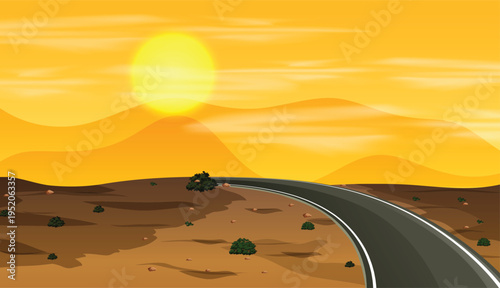 Winding Desert Road at Golden Sunset Landscape Illustration with Bright Sun and Rolling Hills.
