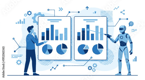 Businessman and robot analyze data charts and graphs on screens discussing statistics and trends in a futuristic office setting with blue