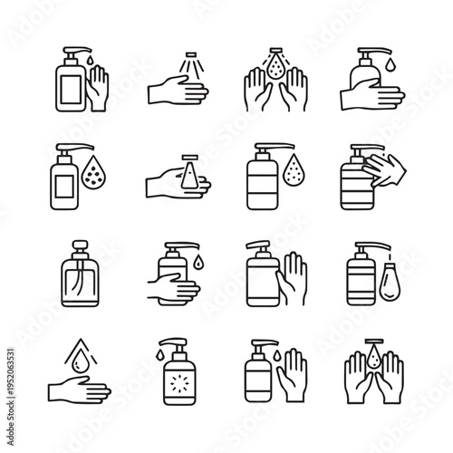 Hand Sanitizer Soap Icons Set: Washing Dispensing DropletsVector Line Art