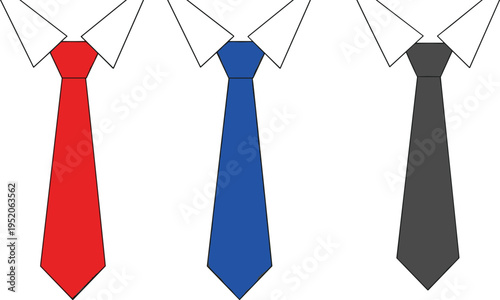 Stylized illustration of three neckties with shirt collars in red, blue, and dark gray, representing fashion choices, professional attire, business style, and elegant accessories