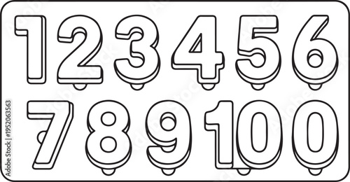 Coloring book page with numbers 1 to 10 for kids, educational counting illustration for toddlers and preschool children