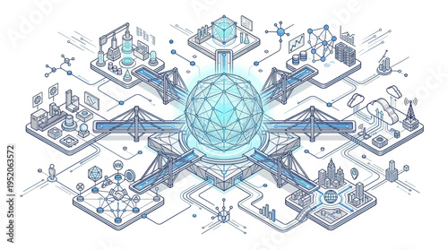 Futuristic cityscape with interconnected technology networks.