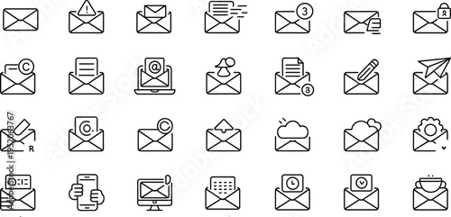 Set of minimalist email and envelope line art icons for digital communication messaging and newsletter marketing interface design vector.