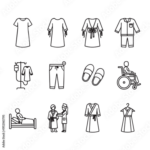 Hospital clothing icons patient care items medical equipment line art
