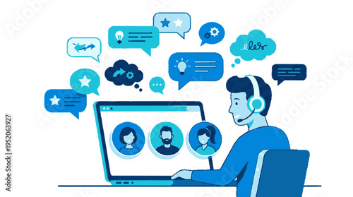 Man in blue shirt and headset brainstorms with team on laptop surrounded by speech bubbles and icons