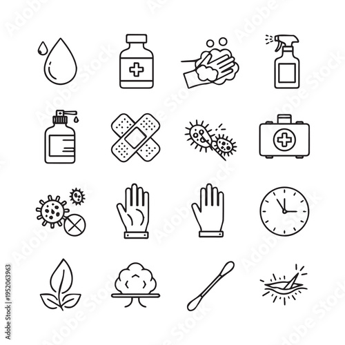 Hygiene and Health Icons: Hand Washing Antiseptic First Aid Gloves Clock Bacteria Medical Supplies
