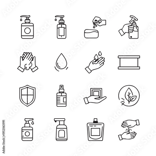 Hygiene Icons: Hand Washing Sanitizer Soap Shield Leaf Symbol Vector Illustrations