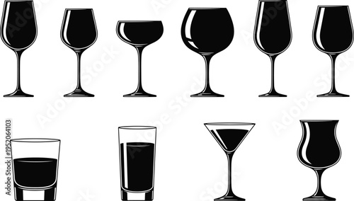 Wine glass and cocktail glass silhouettes collection, bar drinkware icons set including goblet, martini, whiskey and shot glasses isolated vector illustration