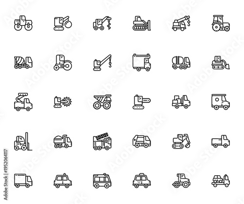 Work Vehicles icon set. Vector collection of trucks, farm, trash, and car icons. Minimalist thin line design for transport, logistics, and construction projects.