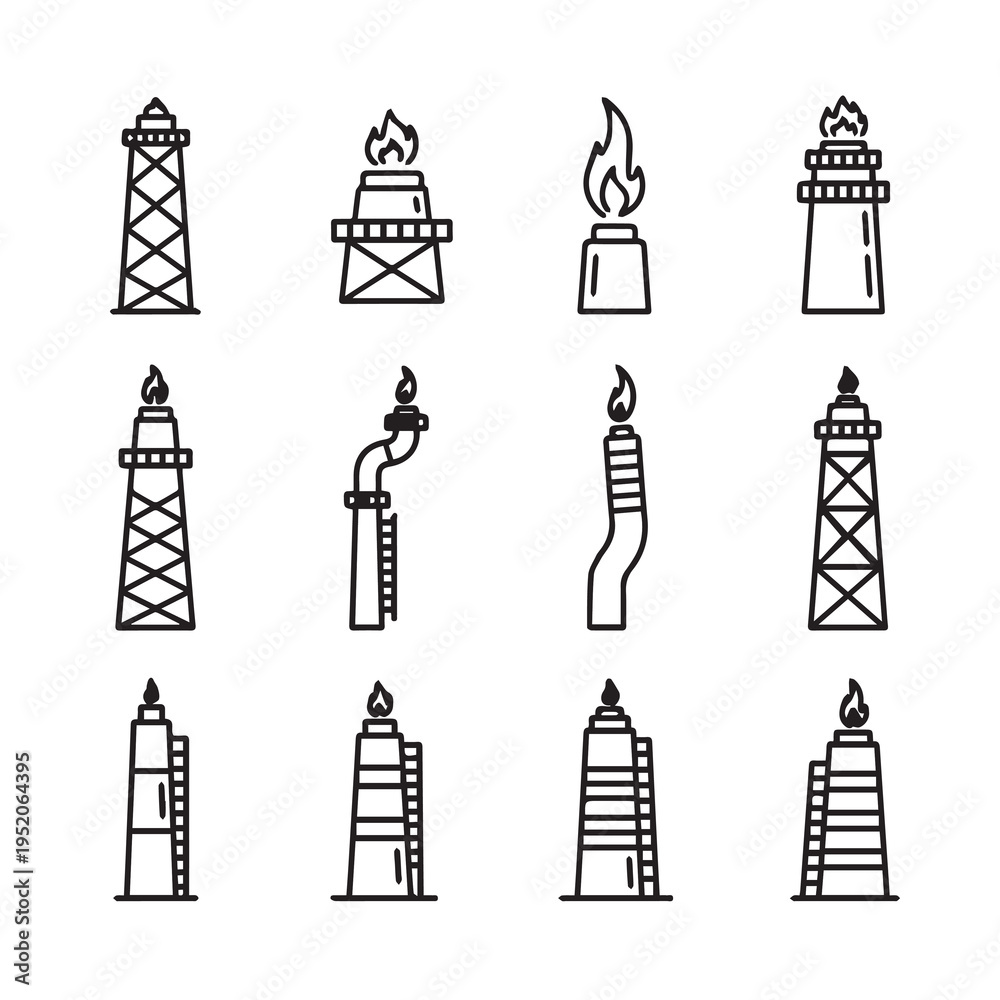 Fototapeta premium Industrial Flare Stack Icons Collection Oil Gas Energy Production Vector Graphics