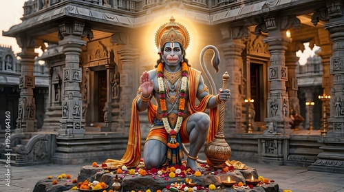 Hanuman statue with offerings in ancient temple setting
