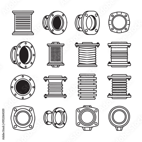 Industrial Flange and Bellows Components Collection Line Art Style