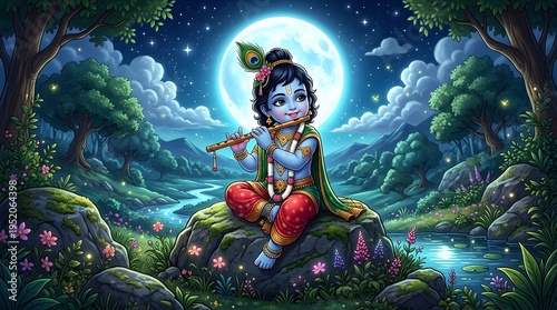 Divine Child Playing Flute in Enchanted Moonlit Forest