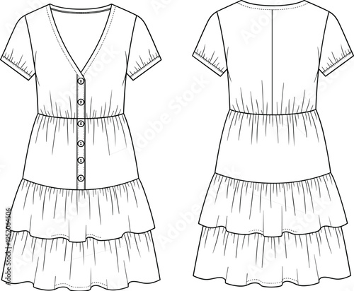 Women summer dress fashion technical drawing with front and back view, button front, short sleeves and tiered ruffle skirt clothing outline vector illustration