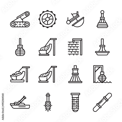 Industrial Machinery Icons Mechanical Parts Conveyor Systems Gears and Tools