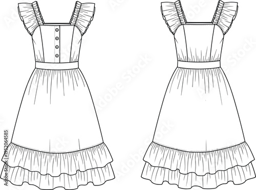 Women summer dress front and back view fashion technical drawing with ruffle sleeves, button bodice and flounce hem, elegant clothing outline illustration isolated