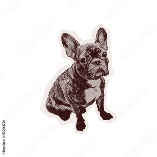 Halftone French bulldog sticker grunge cut out vintage style mimicking torn out collage of old newspaper. Vector Isolated Y2K pop art element with Retro dotted texture on transparent background.