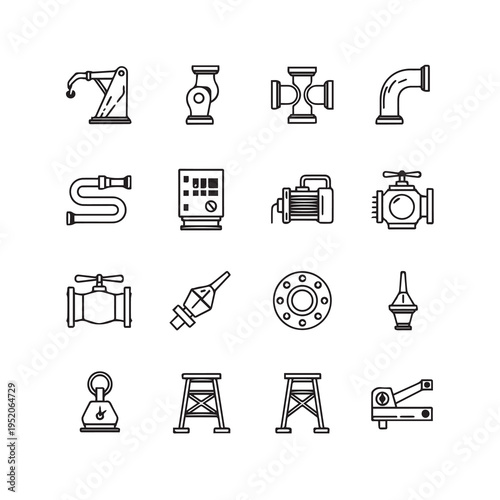Industrial Plumbing Parts and Equipment IconsLine Art