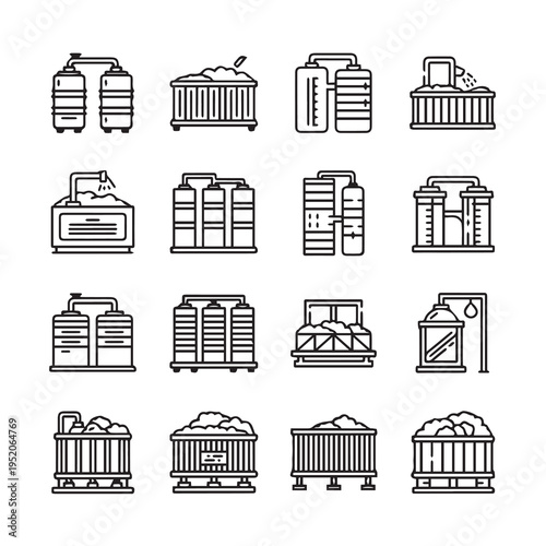 Industrial Processing Plant Icons: Tanks Silos and Hoppers in Line Art Style