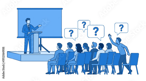 Businessman presents to audience with questions qa session at conference or seminar with speaker and attendees