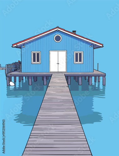Blue house on stilts with a wooden pier extending over the water on a clear day