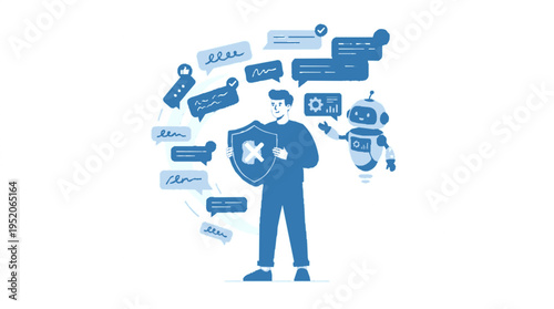 Man holding shield with chat moderation symbols and robot around him for online safety concept