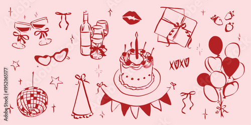 A vibrant party scene with cake, gifts, and balloons at a festive event