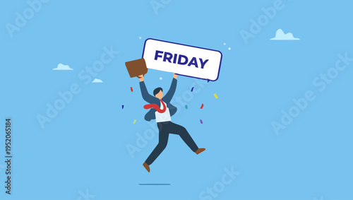 Man Celebrates Friday with Confetti and Briefcase in Air on Sunny Day