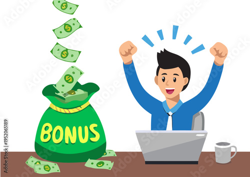 Man celebrates winning bonus money at desk with laptop excitedly