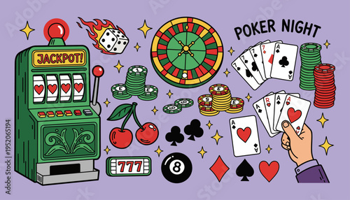 A vibrant illustration of a poker night with a slot machine, cards, and chips on a table indoors.