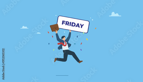 Man celebrates Friday with confetti in office setting happily outdoors